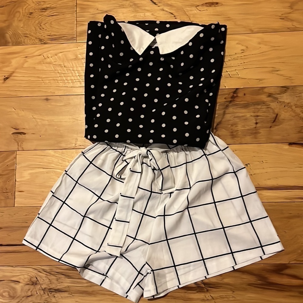 Two piece‎ set SHEIN black-white polka dot top / elastic waist wide leg shorts S